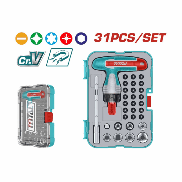 Total Screwdriver Bit Set With T-Handle Wrench Tacsd30316 (Pack Of 31Pcs)