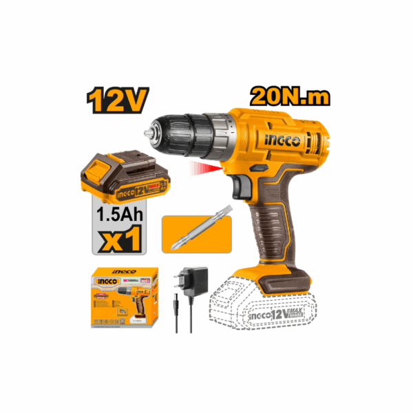Ingco Cordless Drill Lithium-Ion 12V 20Nm With Integrated Work Light &Amp; Led Battery Power Indicator Cdli1218