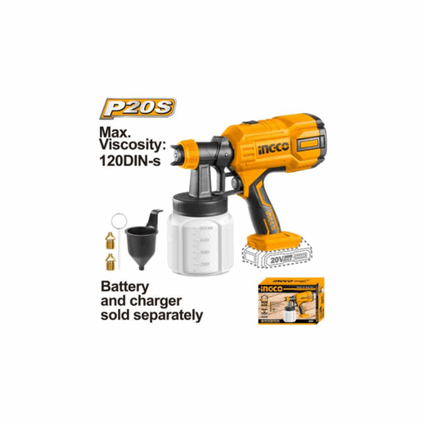 Ingco Cordless Spray Gun Lithium-Ion 800Ml/Min 20V With 2Pcs Copper Nozzle Csgli2003