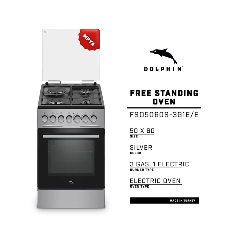 Dolphin Free Standing Cooking Range 50x60 3 Gas Burners 1 Electric Hot Plate & Electric Oven Silver FS05060S-3G1E/E