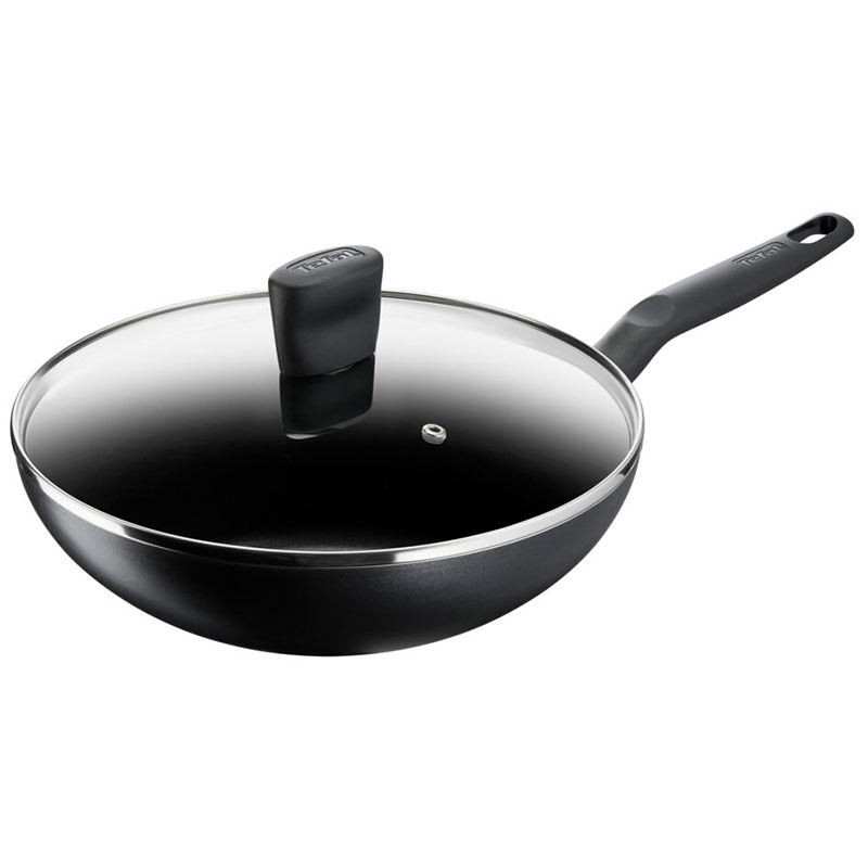 Tefal Super Cook Wok Pan 28cm + Lid Non Stick Thermo Signal 100% Safe Frying Pan Black Aluminium B4591684