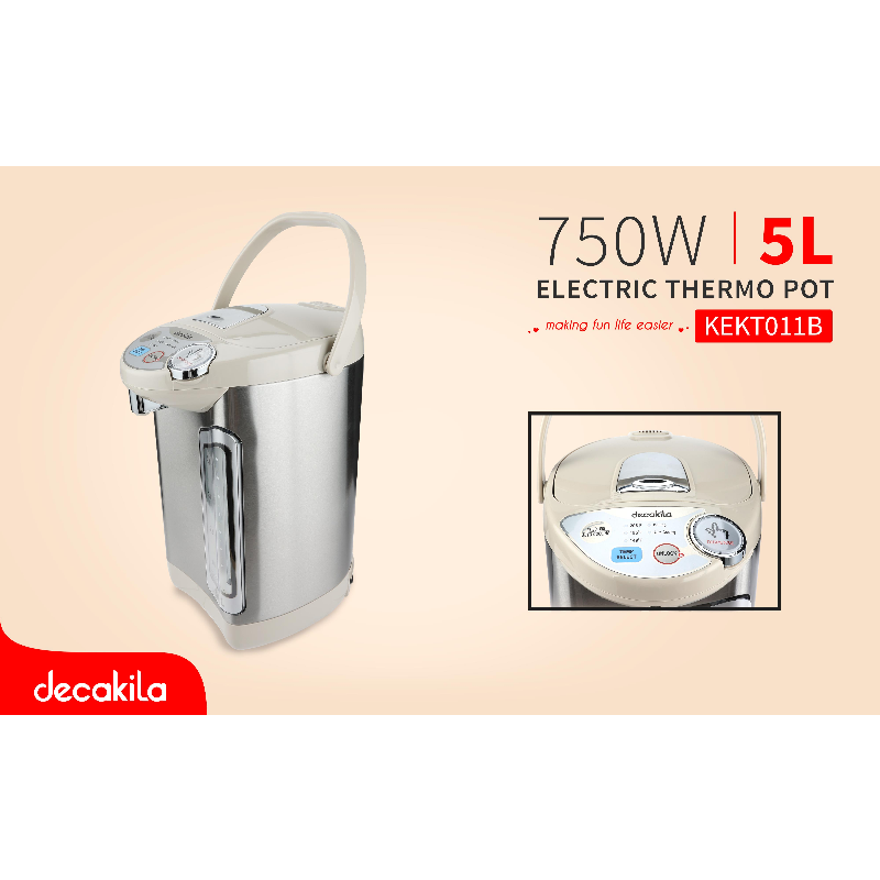 Decakila Thermo Pot 5L Electric 750W Visible Water Mark 360 Degree Rotatable Base 430 Stainless Steel Body KEKT011B