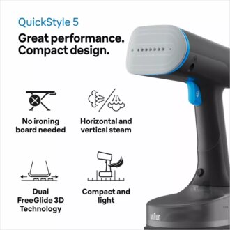 Braun Garment Steamer 1200W 150ML QuickStyle 5, with Dual Heated Free Glide 3D Plate, Handheld Garment Steamer with Fast Heating, Vertical Ironing, 13850000-GS5031BL