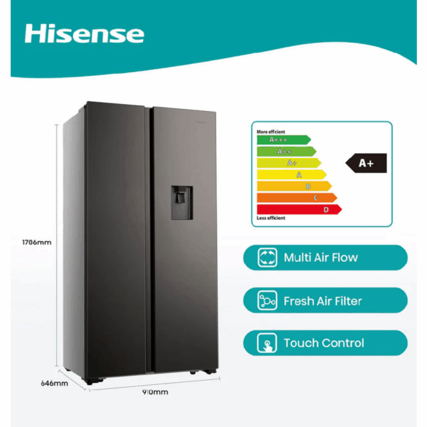 Hisense Refrigerator 508L Side By Side Door With Water Dispenser, No-Frost, Titanium Inox H670Sit-Wd