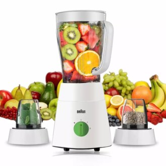 Braun Blender 1.5L 500w Mill & Chopper PowerBlend Triangular Plastic Jug, 2 Speed, Ice Crushing Function, Stainless Steel Blades JB0123WH