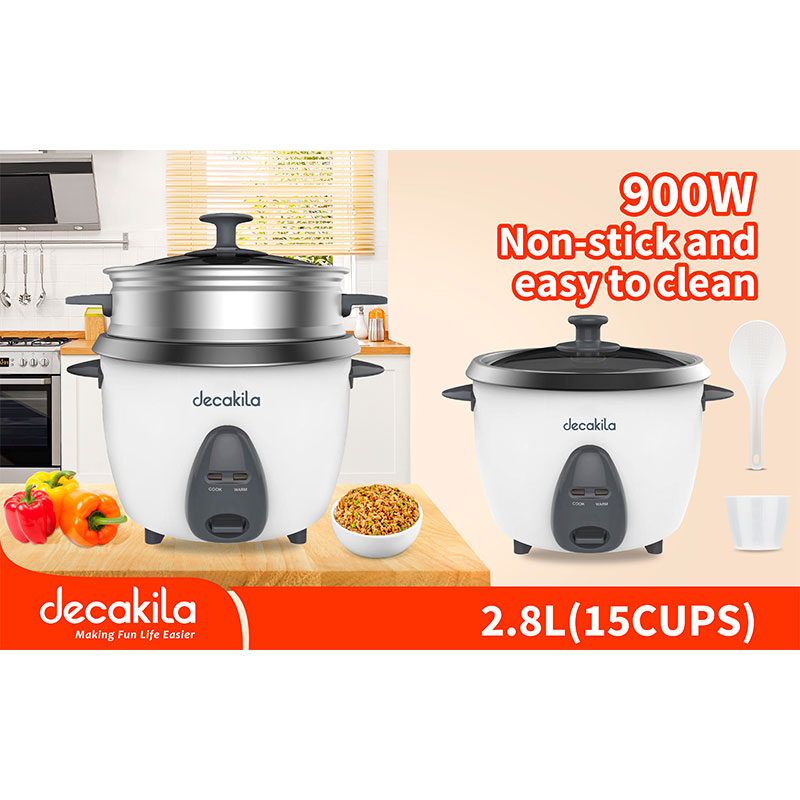Decakila Rice Cooker 2.8L 700W 10 Cups w/ Automatic Cooking Steamer Tray and Warmer Function| Removable Non-Stick Bowl Measuring Cup and Spatula KEER035W