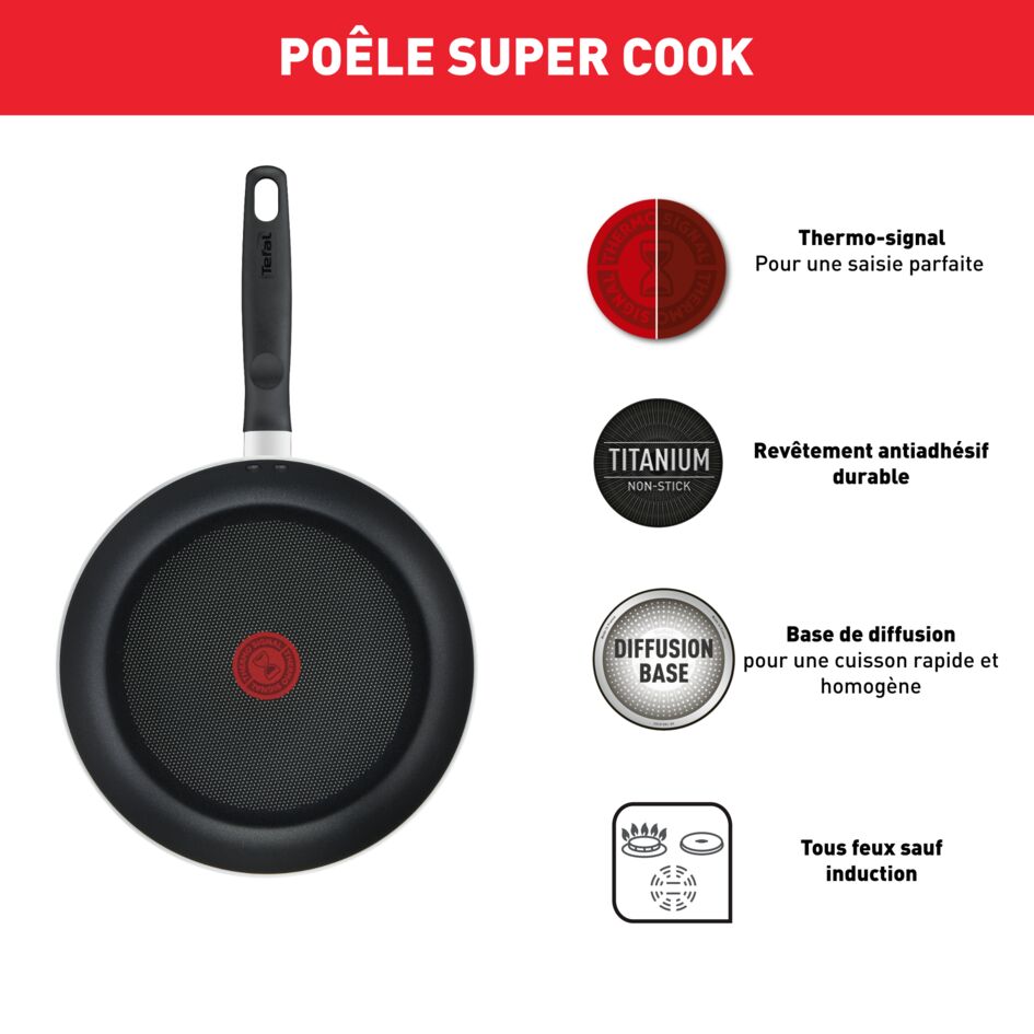 Tefal Super Cook Frypan 26cm Non Stick Thermo Signal 100% Safe Frying Pan Black Aluminium B4590584