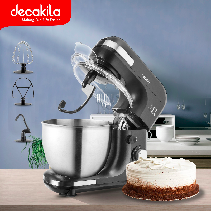 Decakila Stand Mixer 600W 5L 7 Speeds 3 Attachments Lift-able Head Mixer With Transparent Splash Guard Plastic Body With Stainless Steel Decoration Ring KEMX003B