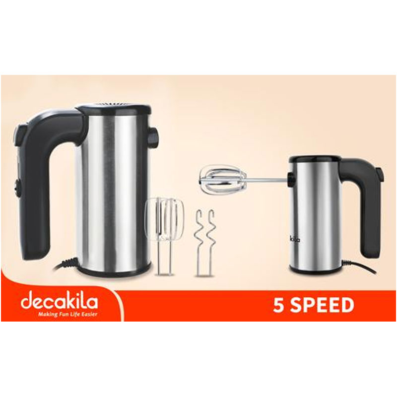Decakila Hand Mixer 200W 5 Speed Silver With Individual Eject Button With 2pcs Beaters & Dough Hooks Beater KEMX009M