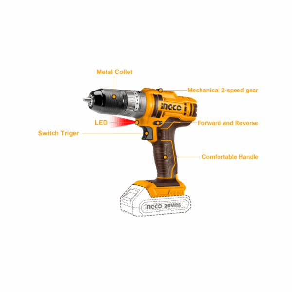 Ingco Impact Drill Machine Lithium-Ion 20V 45Nm With 47Pcs Accessories Cidli201452