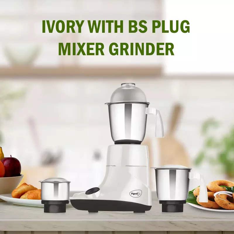 Pigeon Mixer Grinder 550w Powerful Motor with 3 Stainless Steel Jars for Dry Grinding Wet Grinding and Making Chutney Ivory