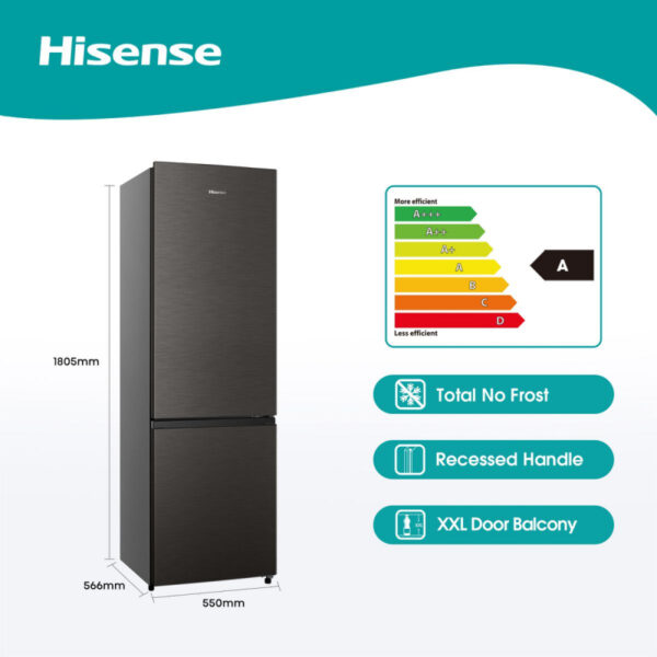 Hisense Refrigerator 264L Bottom Freezer, Double Doors, Titanium Silver H350Bts