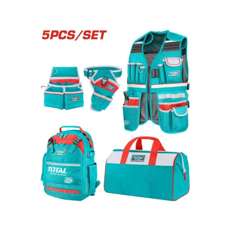 Total 5pcs Tools Bag Set with Tool Backpack, Bag, Pouch, Vest & Drill Holster TOS23090