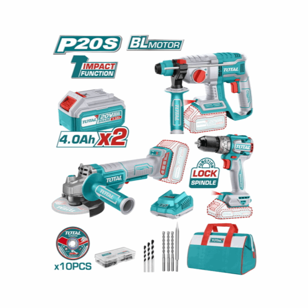 Total Drill Machine Combo Kit 3Pcs, Cordless, Lithium-Ion 20V 4Ah With Impact Drill, Angle Grinder, Rotary Hammer Tosli240202