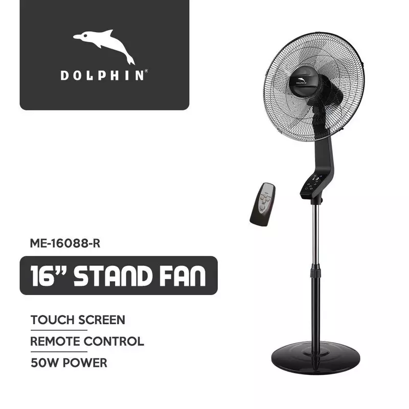 Dolphin Stand Fan - 16", 50W with Timer & Speed Settings, Plastic Blades, Remote Control and Touch Screen, ME-16088.