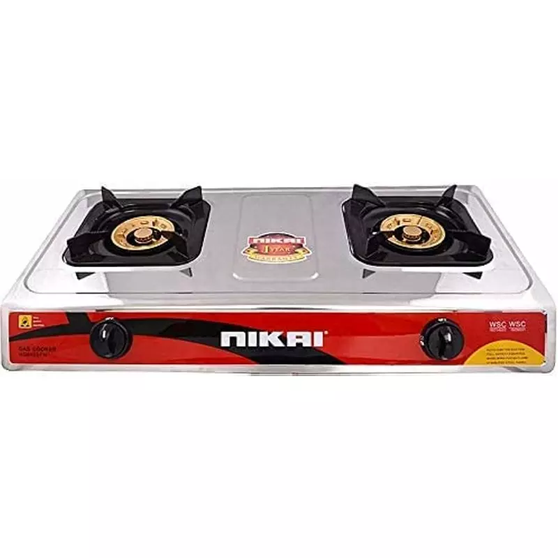 Nikai Gas Cooker 2 Burner Steel Ng942T Stainless Steel Auto Ignition System Square Enamel Pan Support Straight Flame