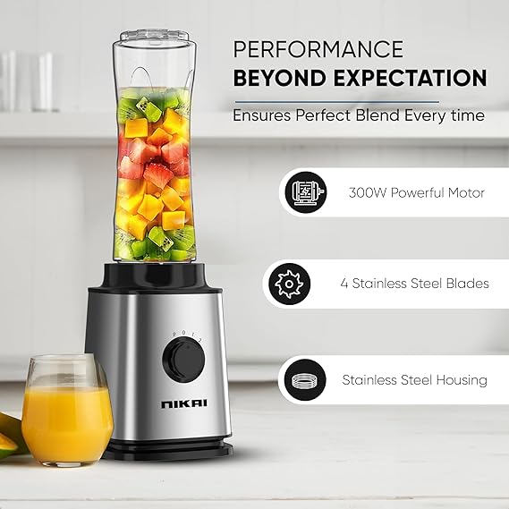 Nikai Blender Smoothie Maker With 600Ml Tritan Bottle And 400Ml Tritan Bottle 300W Nb202St 4 Stainless Steel Blades And Housing Tritan Drinking Bottle With Lid 2 Speed With Pulse