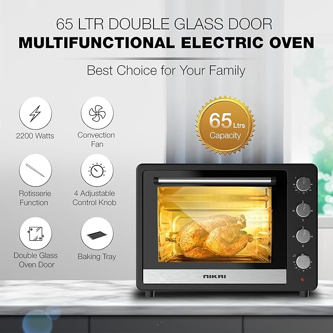 Nikai Oven Electric 65L With Rosting Fuction 4 Knobs Control 2200W Nt6500Src2 120 Mins Timer Convection Function Stainless Steel Heating Elements Inner Light Double Glass Panel