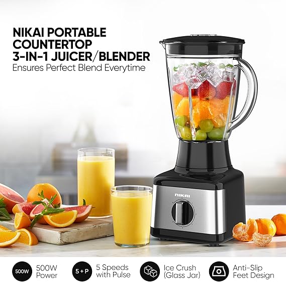 Nikai Blender 1.5L With Dry Grinder 500W Nb3900Geb 3 Plastic Jars With Glass Jug And Plastic Jug 5 Speed With Pulse