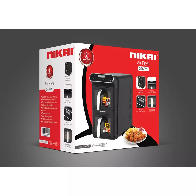 Nikai Airfryer 11L Digital Double Decker 2460W NAF1188DX Digital Touch Screen Transparent Viewing Window Preset Cooking Menus