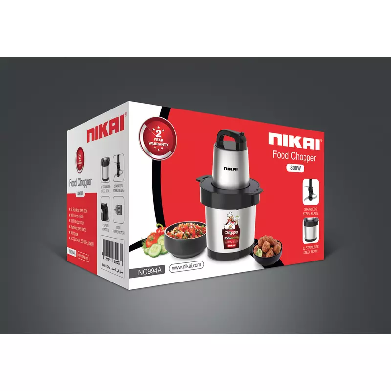 Nikai Chopper 6L Steel Bowl 800W Nc994A Stainless Steel Blades 2 Speed With Pulse And Safety Switch