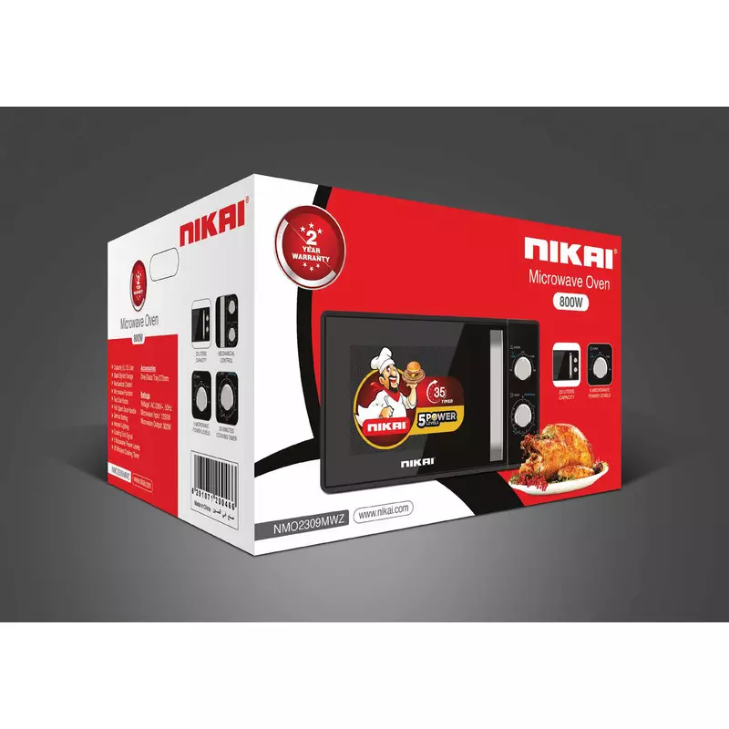 Nikai Microwave 23L Manual 5 Power Levels 800W Nmo2309Mwz 35 Mins Timer Defrost Settings Cooking End Signal Pull Handle Door