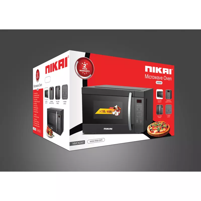 Nikai Microwave 62L Digital 11 Power Levels 1200W Nmo626D Defrost Settings 99:99 Cooking Timer Microwave Input 1800W, Microwave Output 1200W Power Ac 220V,50Hz Pull Open Door Handle
