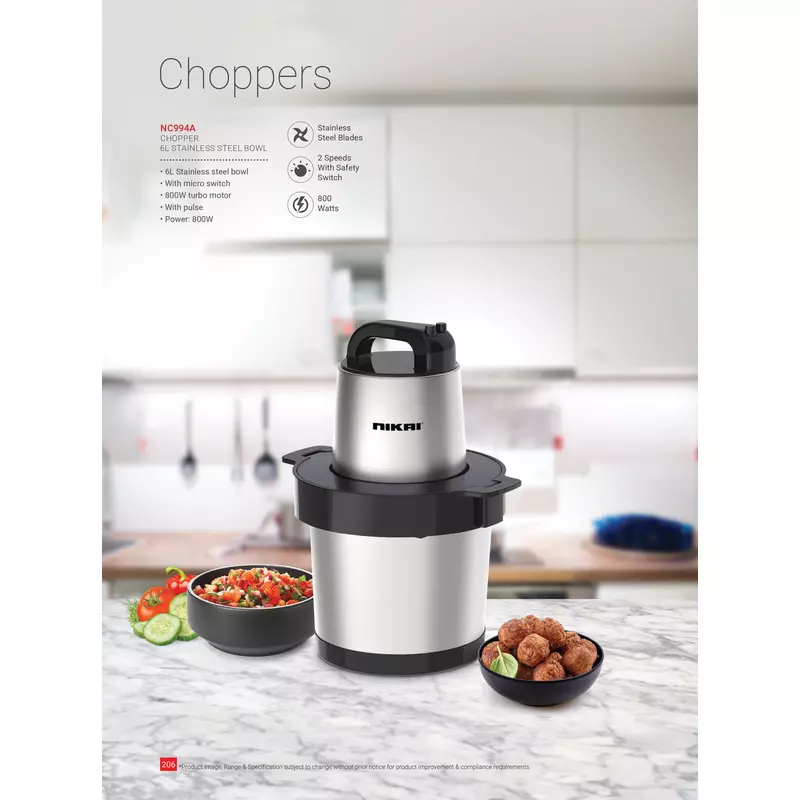 Nikai Chopper 6L Steel Bowl 800W Nc994A Stainless Steel Blades 2 Speed With Pulse And Safety Switch