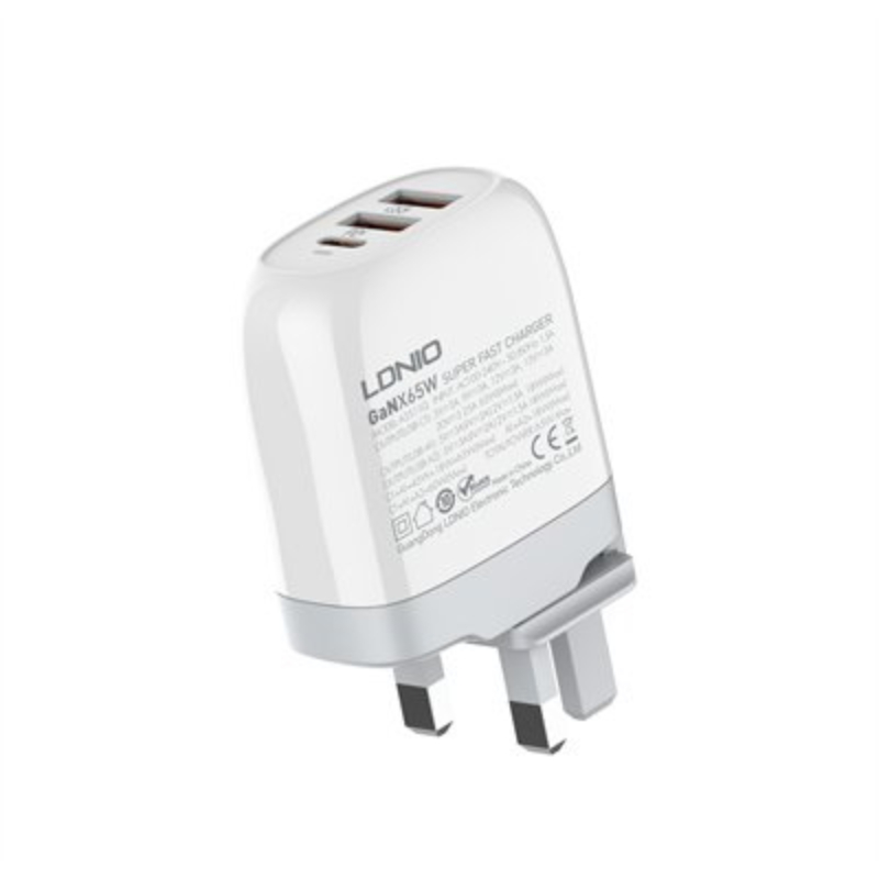 Ldnio Super Fast Charging 65W With 3 Port 1Pd+2Qc3.0, Replaceable Plug Charger With Type-C-Lightning Cable, A3511Q