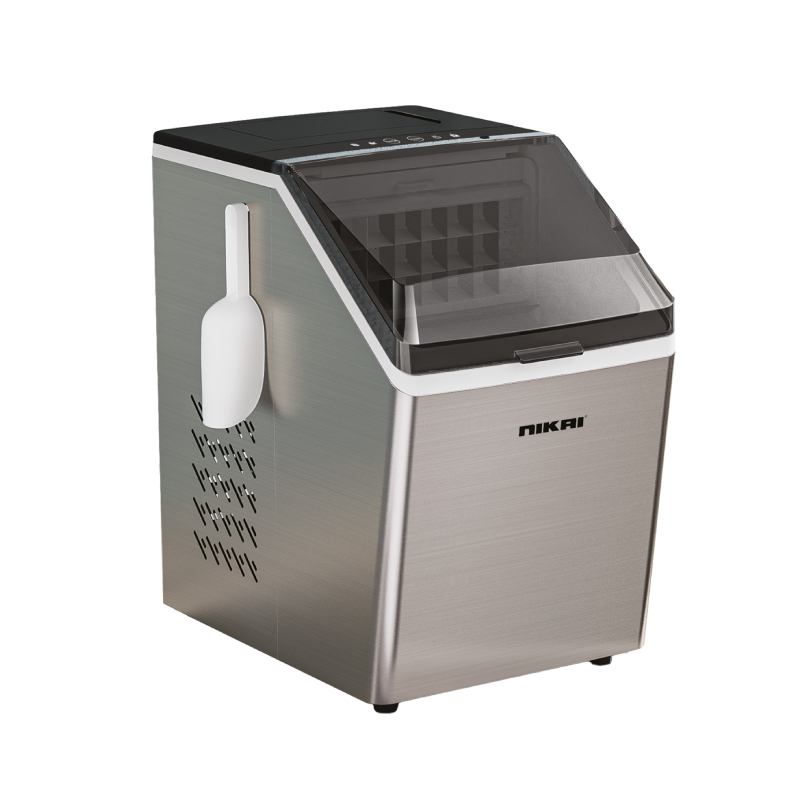 Nikai Ice Maker 3.2L Tank 24 Ice Cubes Per Cycle 1.3Kg Ice Bin Storage 130W Nim3412A Stainless Steel Housing With Semi Transparent Lid Large Viewing Window Led Display Showing Timer