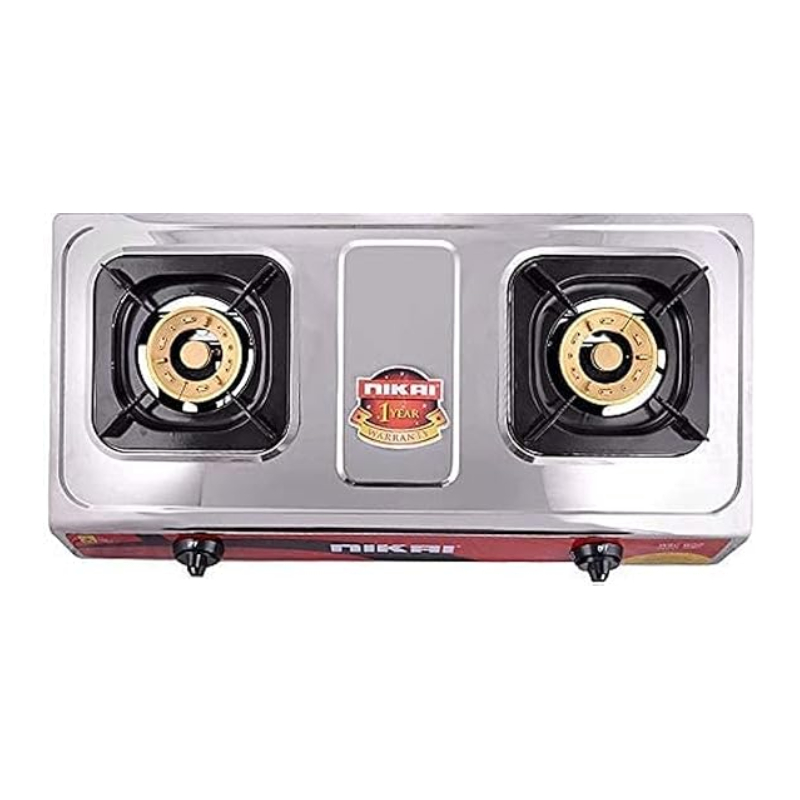 Nikai Gas Cooker 2 Burner Steel Ng942T Stainless Steel Auto Ignition System Square Enamel Pan Support Straight Flame