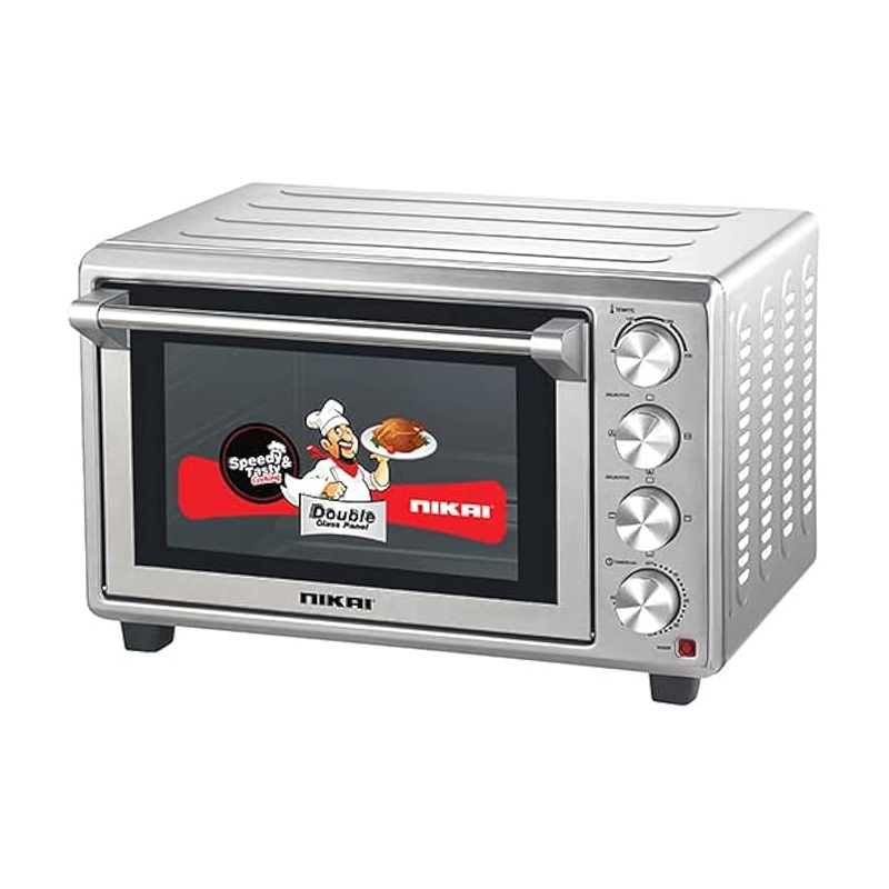 Nikai Oven Electric 52L With Rosting Function 4 Knobs Control 1800W Nt5201Rcax1 120 Mins Timer Stainless Steel Heating Elements Inner Light Convection Fan Double Glass Panel