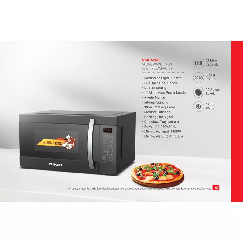 Nikai Microwave 62L Digital 11 Power Levels 1200W Nmo626D Defrost Settings 99:99 Cooking Timer Microwave Input 1800W, Microwave Output 1200W Power Ac 220V,50Hz Pull Open Door Handle