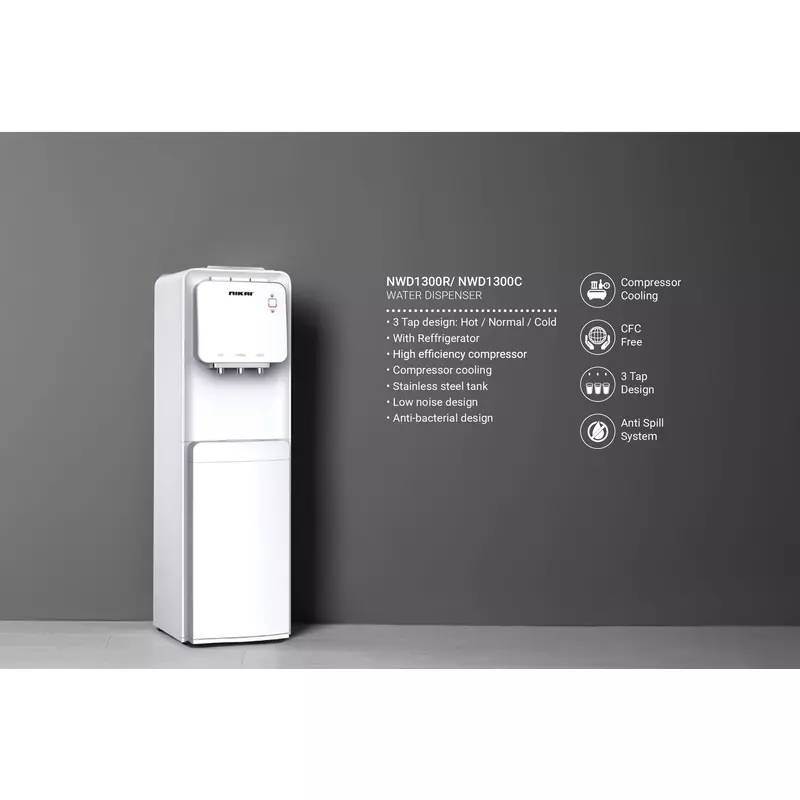 Nikai Water Dispenser 3 Taps Top Load With Refrigerator Nwd1300R 3 Taps Hot Normal And Cold Compressor Cooling Steel Tank Anti Bacterial Design