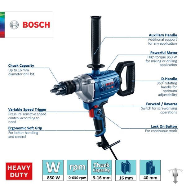 Bosch Professional Drill &Amp; Mixer 2In1 850W 16Mm Gbm 1600 Re