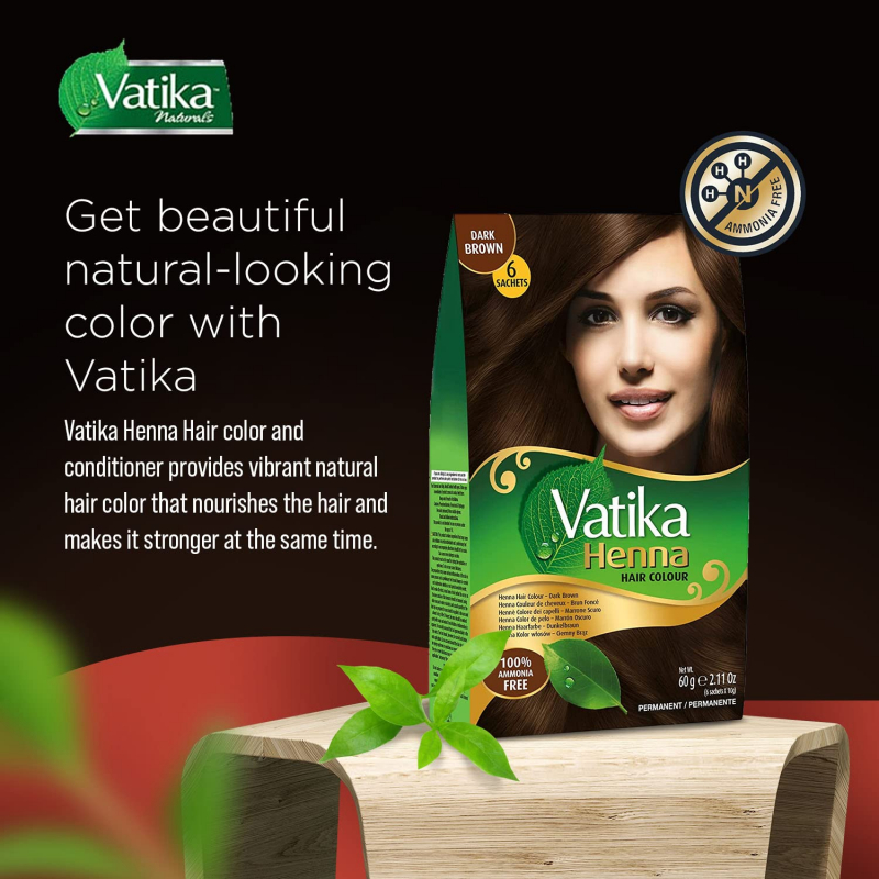 Vatika Henna Hair Color Henna Hair Dye, Henna Hair Color And Conditioner, Zero Ammonia Henna For Strong And Shiny Hair, 100% Grey Coverage, Dark Brown 6 Sachets