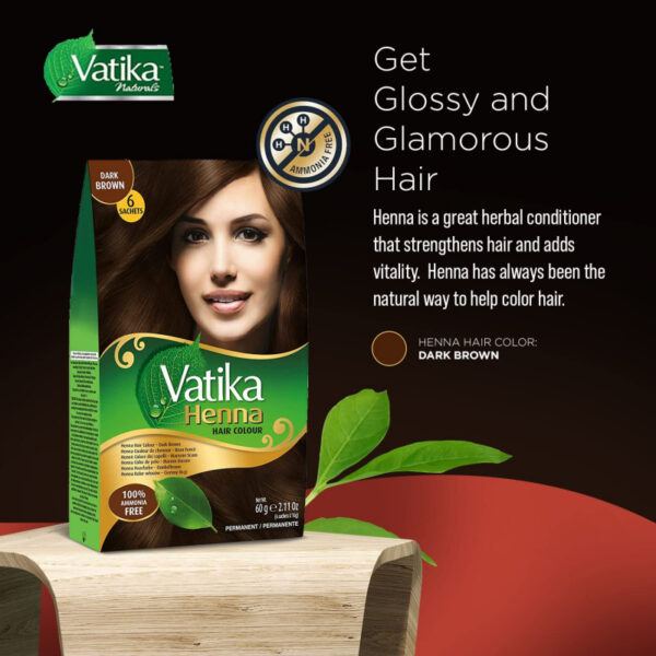 Vatika Henna Hair Color Henna Hair Dye, Henna Hair Color And Conditioner, Zero Ammonia Henna For Strong And Shiny Hair, 100% Grey Coverage, Dark Brown 6 Sachets