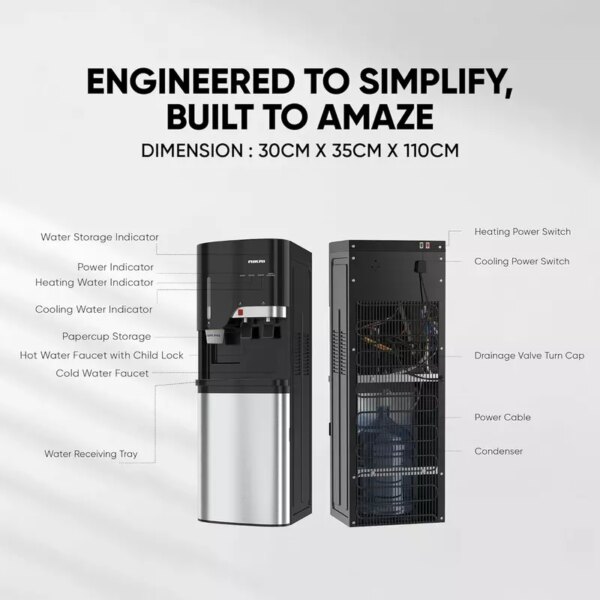 Nikai Water Dispenser 2 Taps Bottom Load With Cup Holder Nwd5000Bss 2 Taps Hot And Cold Compressor Cooling Steel Tank Anti Bacterial Design
