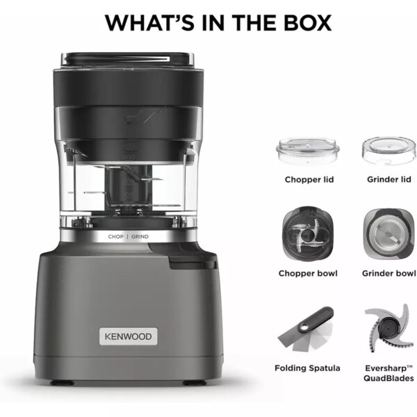 Kenwood Chopper And Grinder 2 In 1 500Ml Plastic Bowl 800W Chp80.000Si Powerful Metal Grinder And Electric Chopper With Eversharp Quadblades, Dripper Pro, Spatula For Wet Chopping &Amp; Dry Grinding