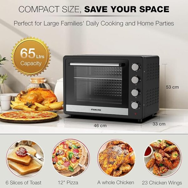 Nikai Oven Electric 65L With Rosting Fuction 4 Knobs Control 2200W Nt6500Src2 120 Mins Timer Convection Function Stainless Steel Heating Elements Inner Light Double Glass Panel