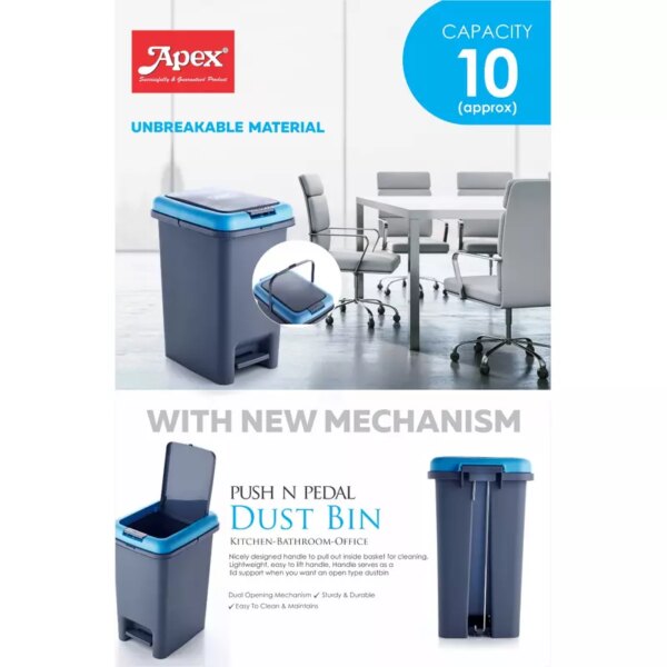 Apex Push And Pedal Dustbin 10L Capacity Plastic Lightweight Unbreakable 450452