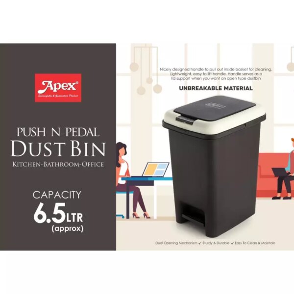 Apex Push And Pedal Dustbin 6.5L Capacity Plastic Lightweight Unbreakable 450445