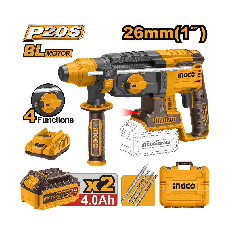 Ingco Cordless Rotary Hammer Drill 20V with Brushless Motor, SDS Plus, Integrated LED, Battery & Charger CRHLI202287