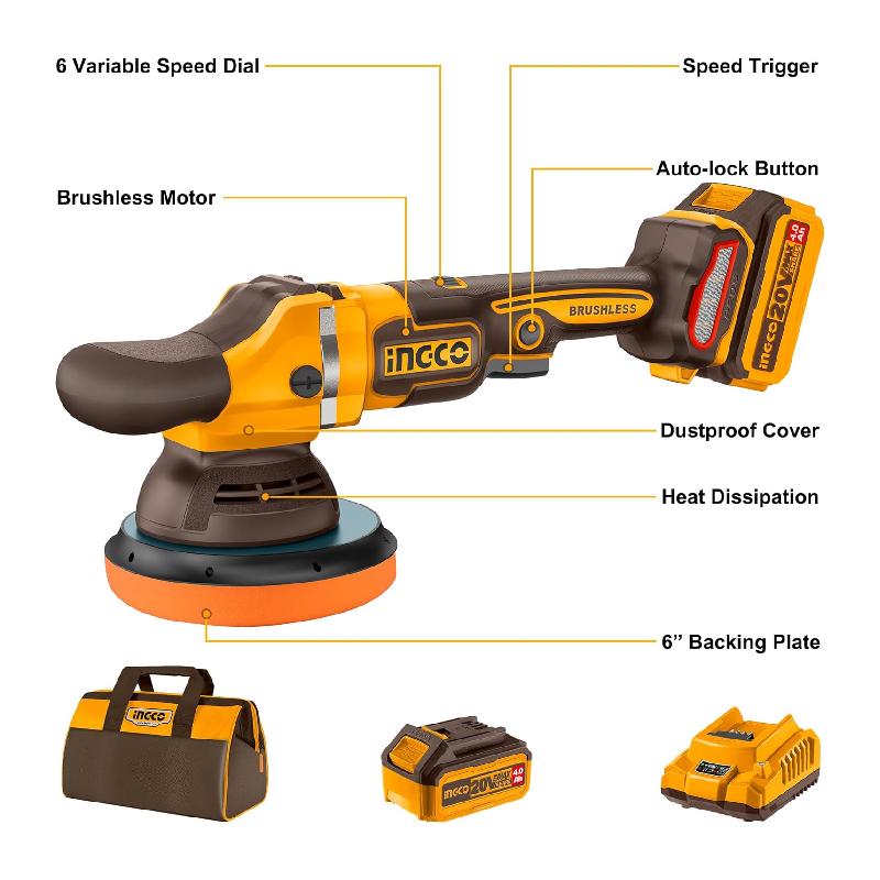 Ingco Cordless Polisher 20V with Brushless Motor, Variable Speed Control, Polishing Bonnet, Battery & Charger APLI20151