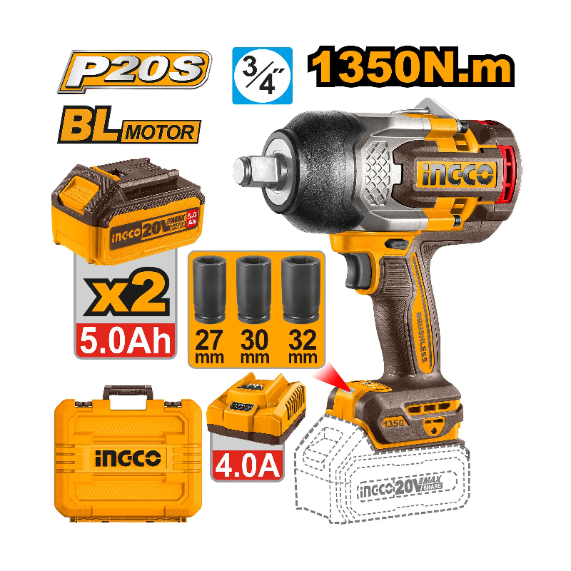 Ingco Cordless Impact Wrench 20V with Brushless Motor, Integrated LED Work Light, Sockets, Battery & Charger CIWLI20135