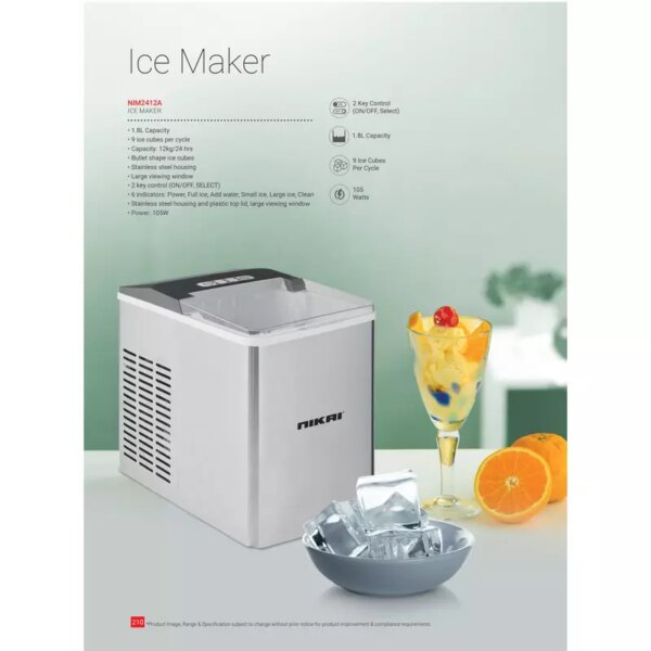 Nikai Ice Maker 1.8L Tank 9 Ice Cubes Per Cycle 12Kg Ice Bin Storage 105W Nim2412A Stainless Steel Housing And Plastic Top Lid With Large Viewing Window
