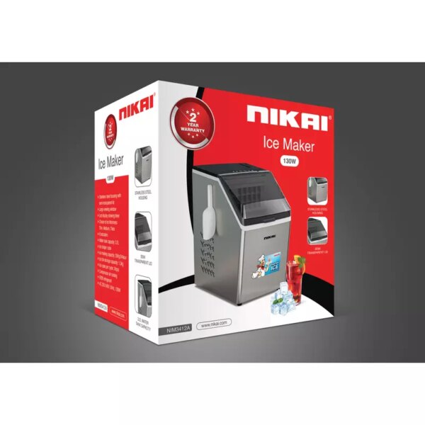 Nikai Ice Maker 3.2L Tank 24 Ice Cubes Per Cycle 1.3Kg Ice Bin Storage 130W Nim3412A Stainless Steel Housing With Semi Transparent Lid Large Viewing Window Led Display Showing Timer