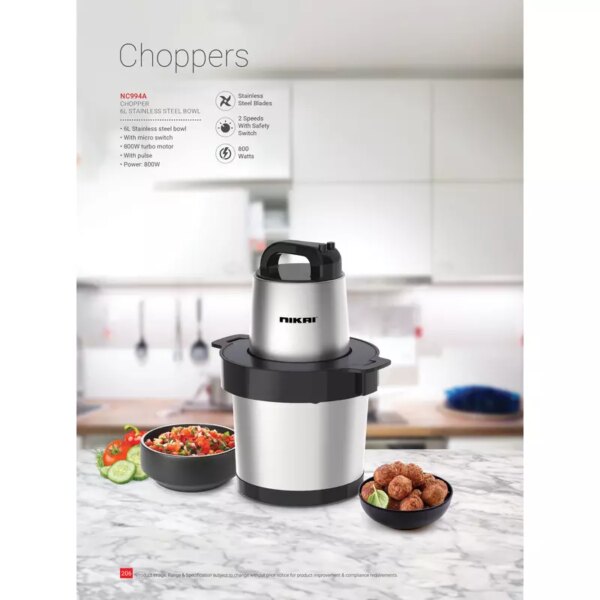 Nikai Chopper 6L Steel Bowl 800W Nc994A Stainless Steel Blades 2 Speed With Pulse And Safety Switch