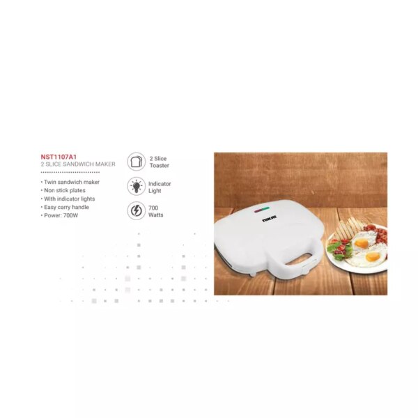 Nikai Sandwich Toaster 2 Slice Easy Carry Handle 700W Nst1107A1 Non Stick Plates Twin Sandwich Maker With Indicator Lights Easy Carry Handle