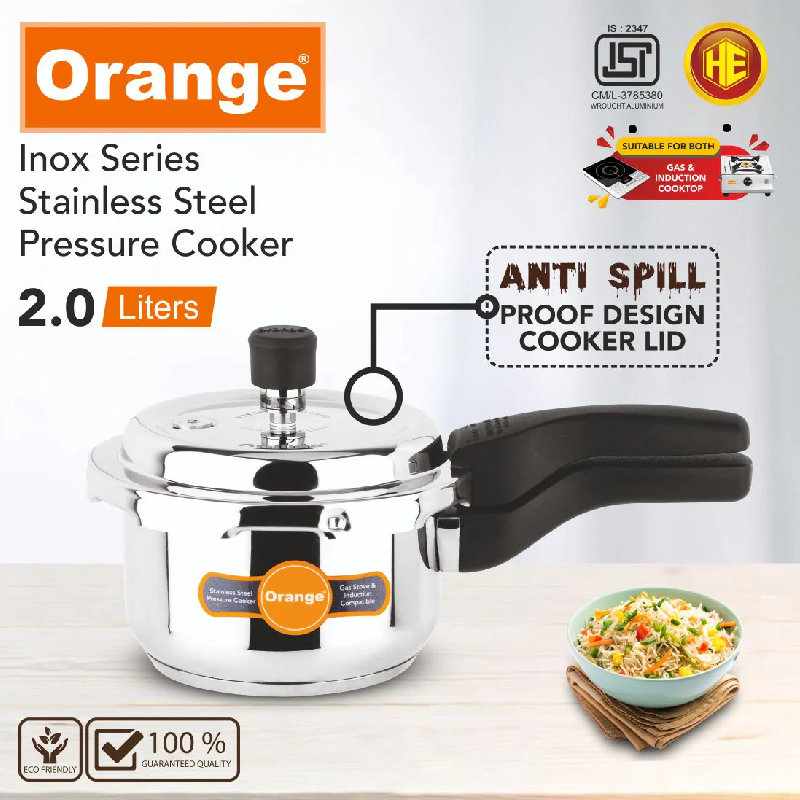 Orange Stainless Steel Pressure Cooker 2L With Outer Lid Inox Series Ospc549